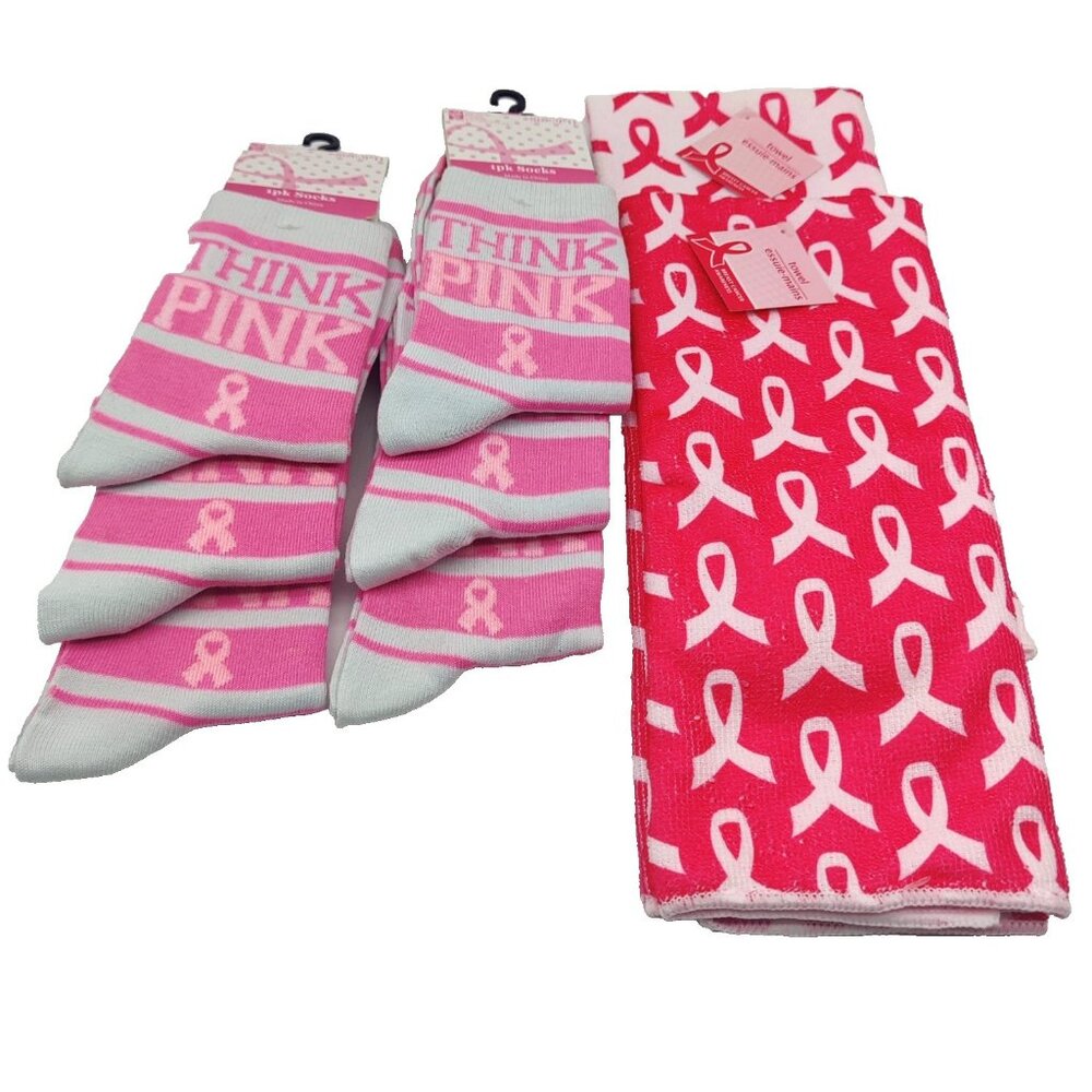 Woman's Pink White 6  Pairs Ankle Socks 9-11  Ribbon Breast Cancer Awareness lot